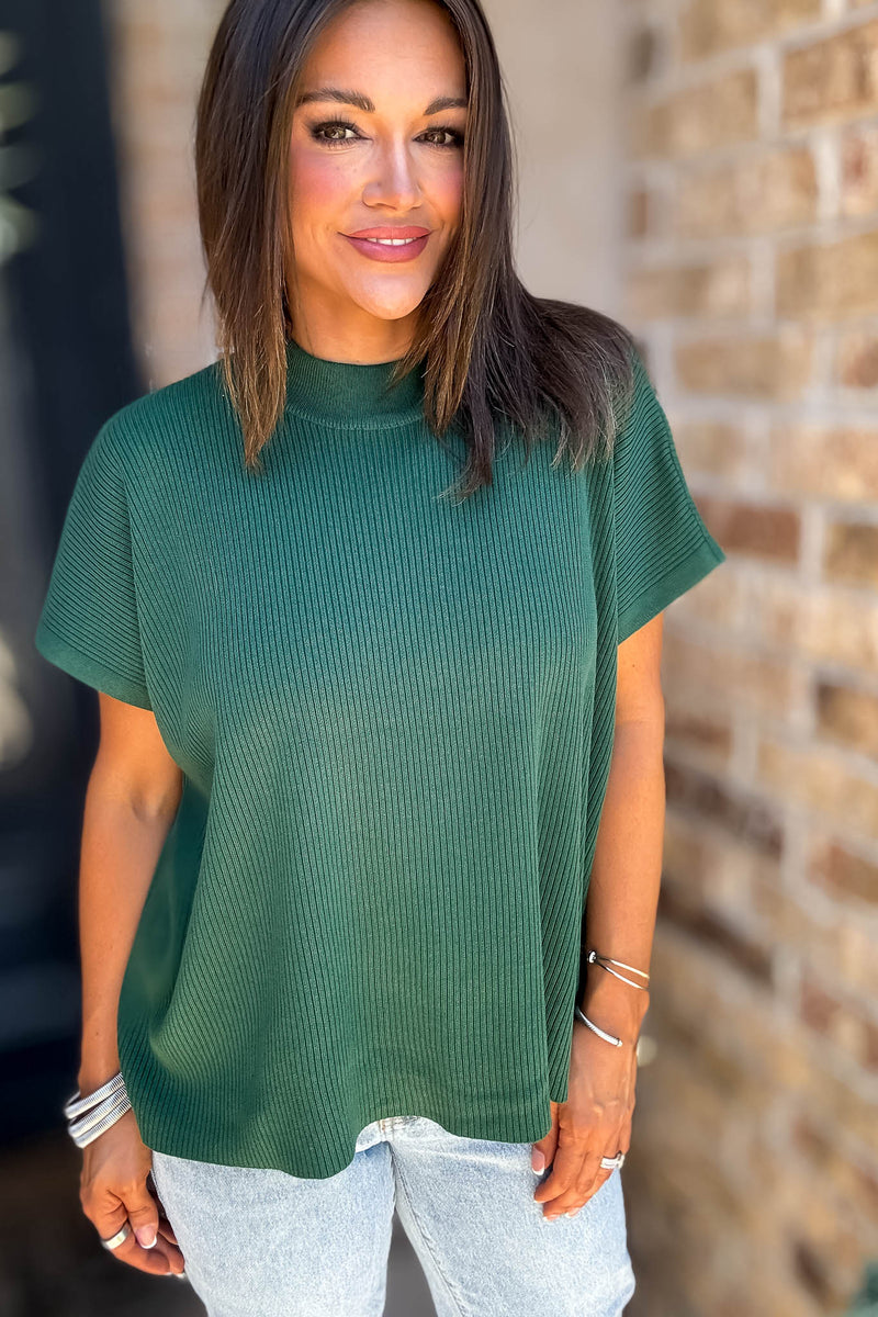 Everywhere Dark Green Mock Neck Short Sleeve Boxy Sweater