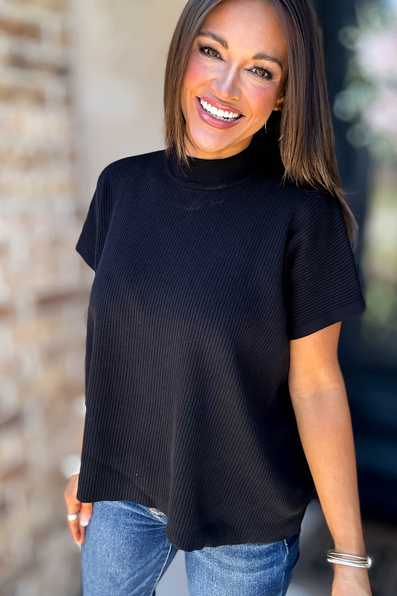 Everywhere Black Mock Neck Short Sleeve Boxy Sweater
