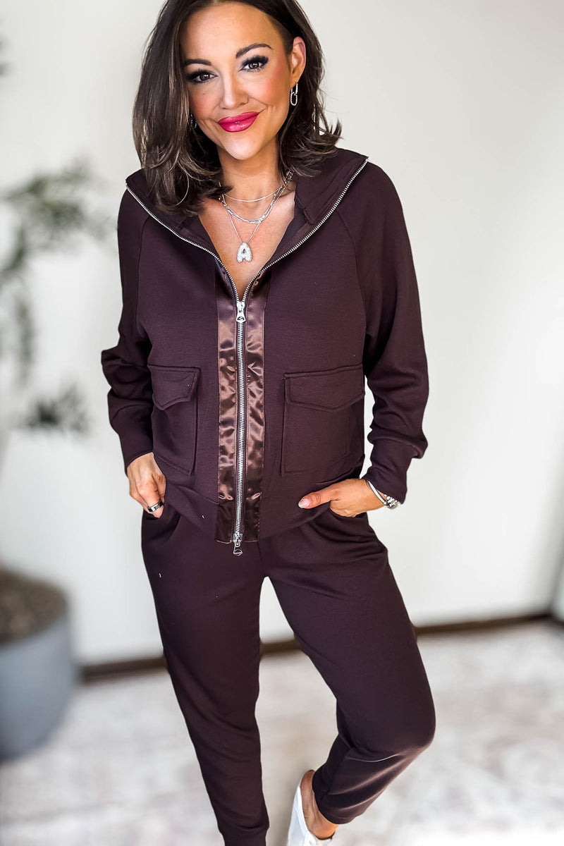Double Soft Chocolate Sateen Trim Zip Sweat Jacket