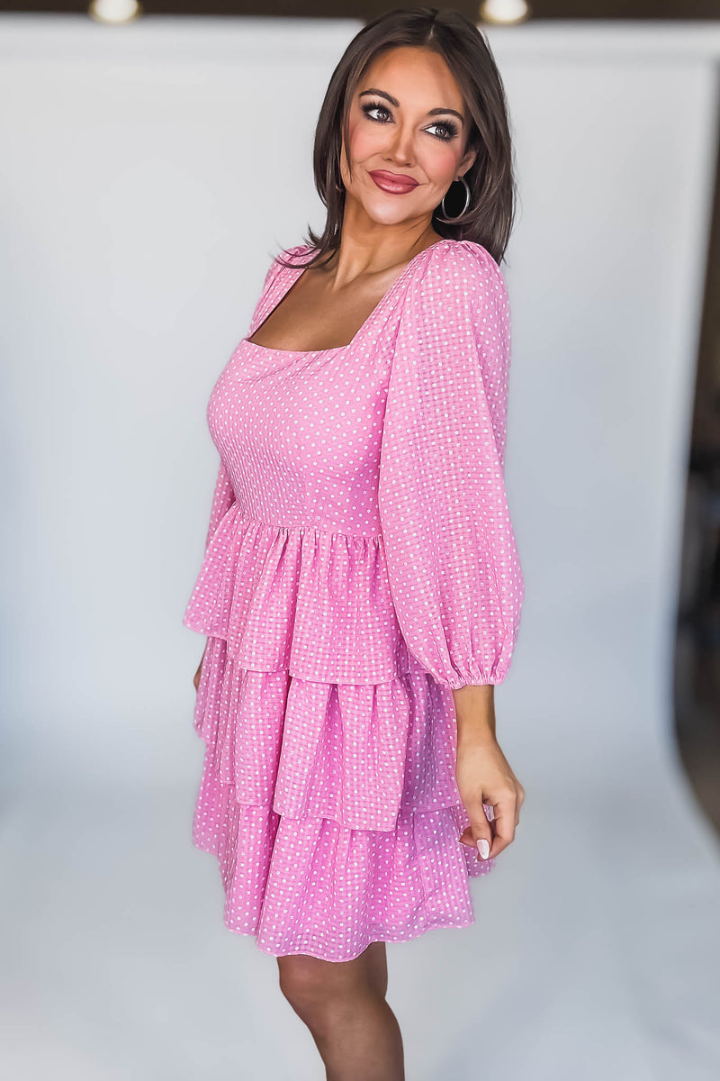 SQUARE NECK POLKA DOTS TIERED RUFFLE MINI DRESS
