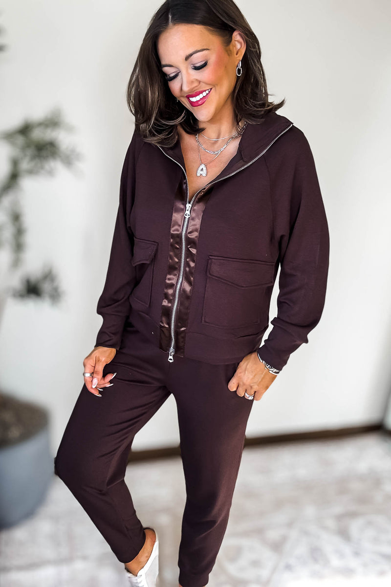 Double Soft Chocolate Sateen Trim Zip Sweat Jacket
