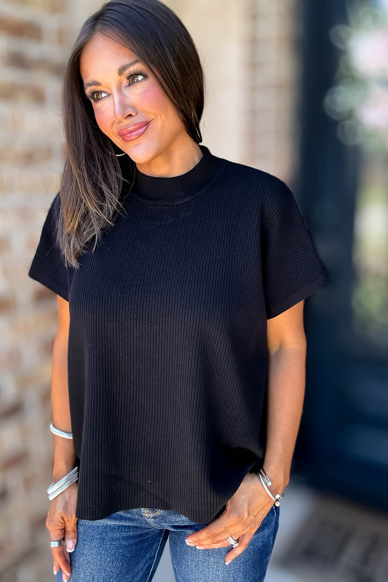 Everywhere Black Mock Neck Short Sleeve Boxy Sweater