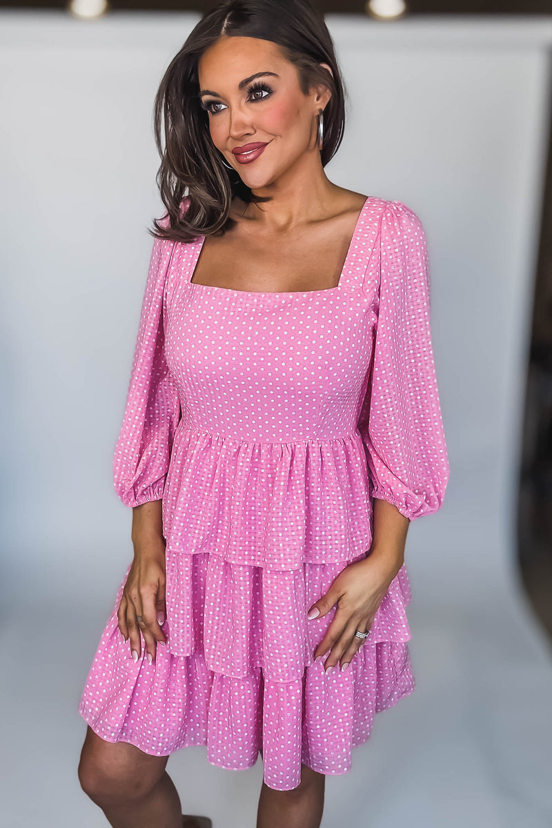 SQUARE NECK POLKA DOTS TIERED RUFFLE MINI DRESS