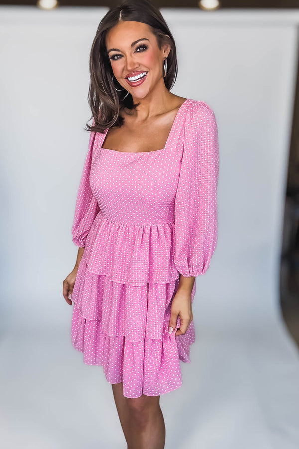 SQUARE NECK POLKA DOTS TIERED RUFFLE MINI DRESS