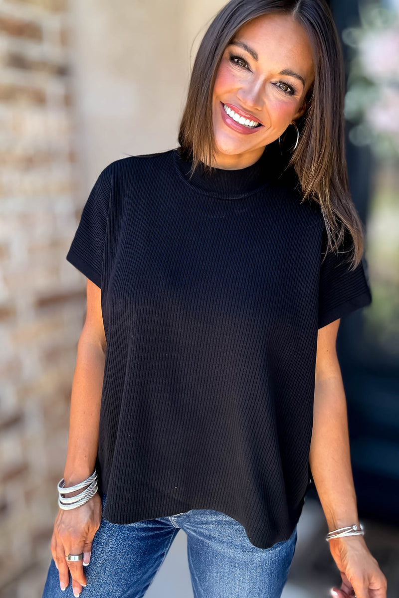 Everywhere Black Mock Neck Short Sleeve Boxy Sweater