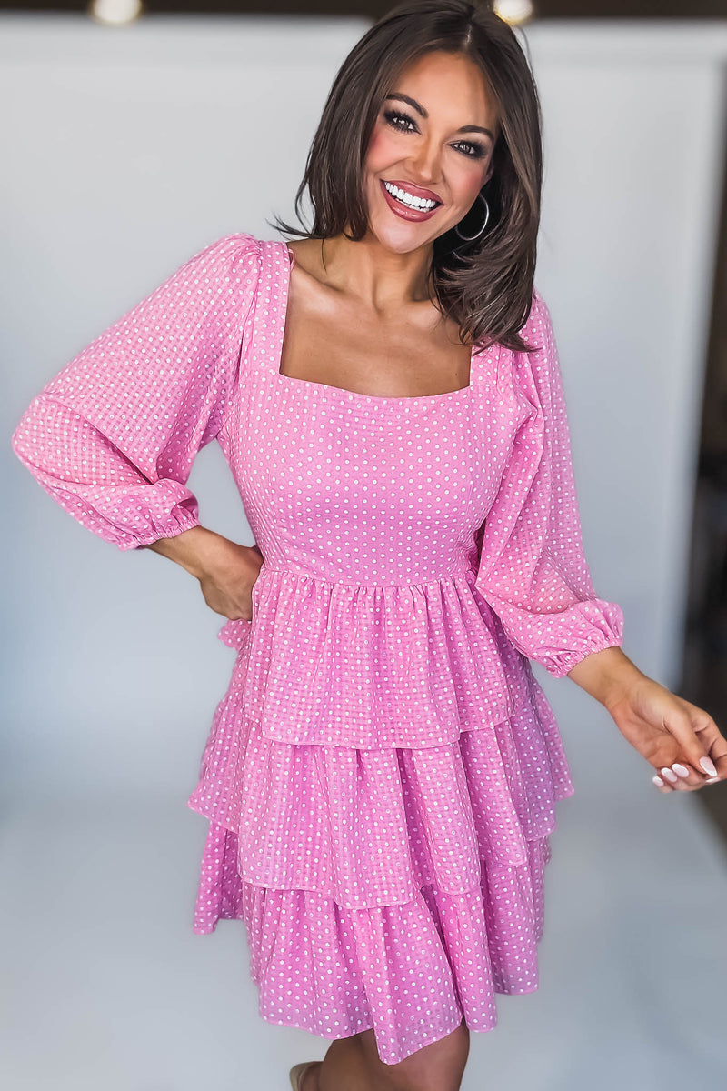SQUARE NECK POLKA DOTS TIERED RUFFLE MINI DRESS