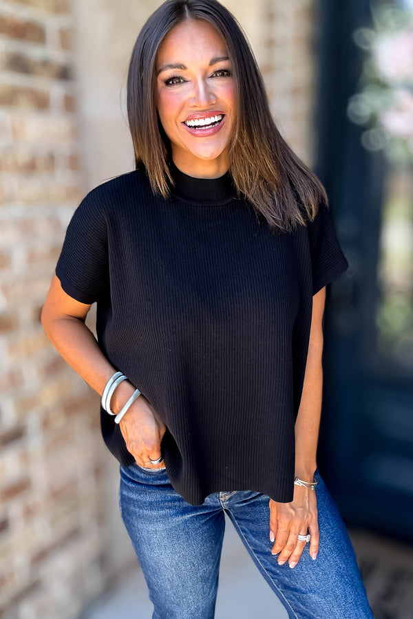 Everywhere Black Mock Neck Short Sleeve Boxy Sweater