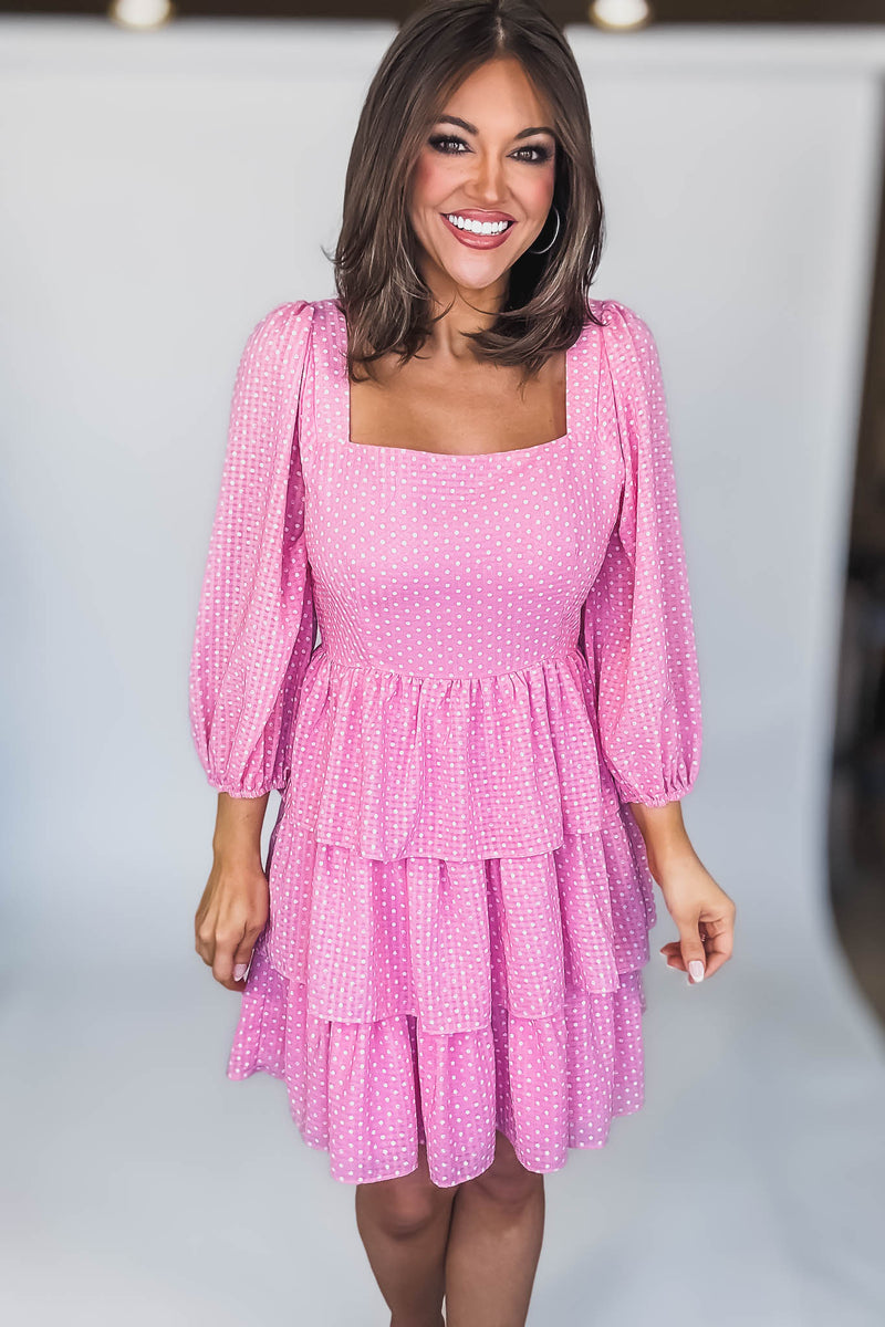 SQUARE NECK POLKA DOTS TIERED RUFFLE MINI DRESS