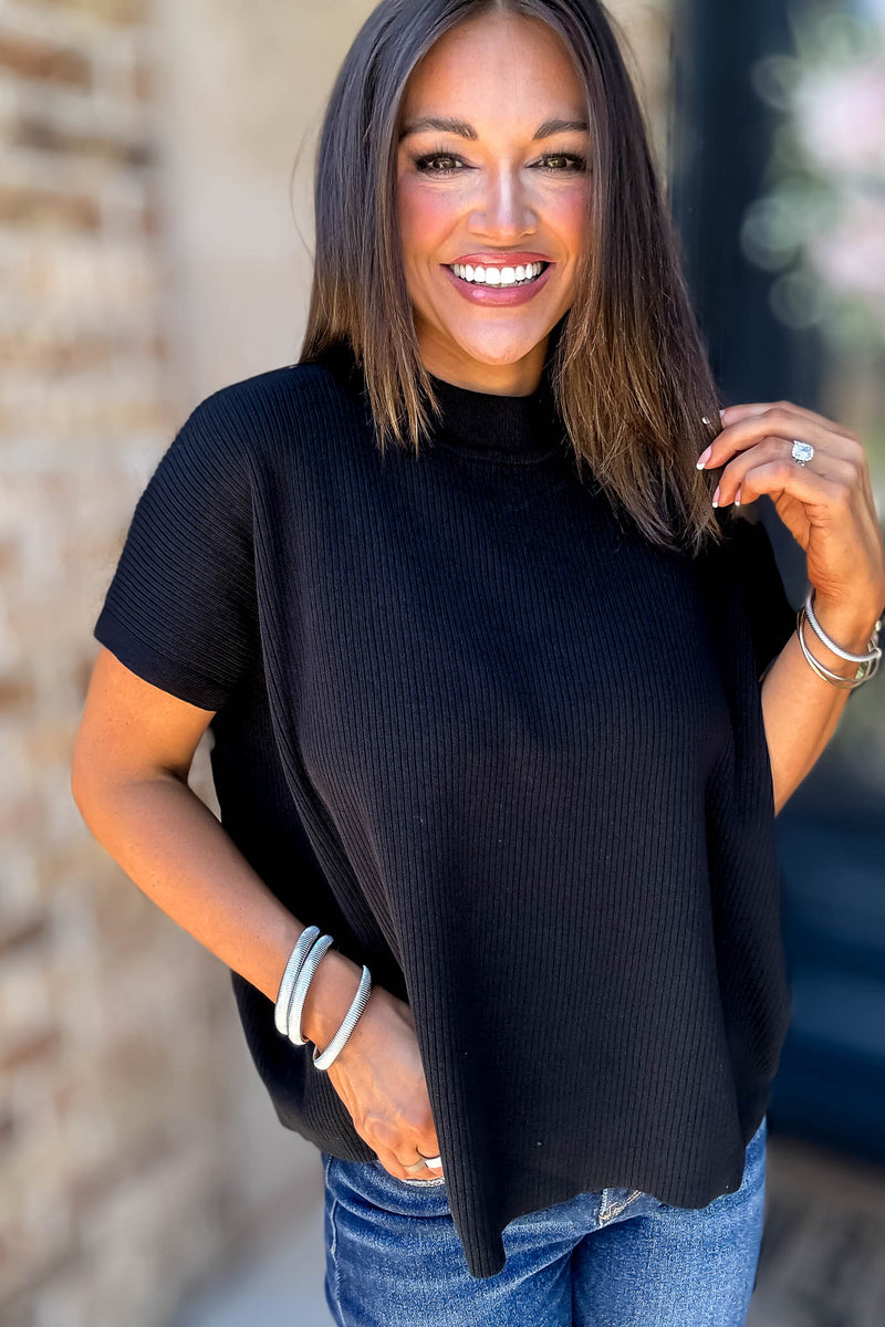 Everywhere Black Mock Neck Short Sleeve Boxy Sweater