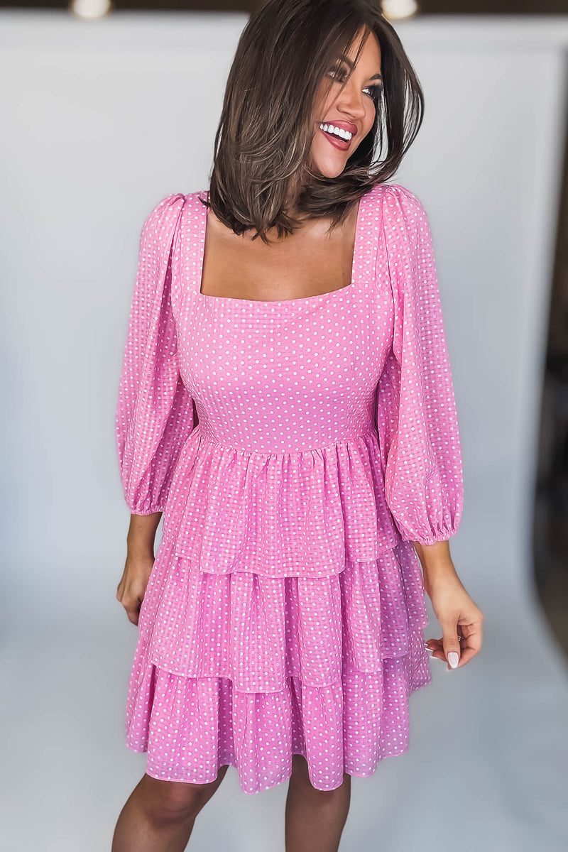 SQUARE NECK POLKA DOTS TIERED RUFFLE MINI DRESS