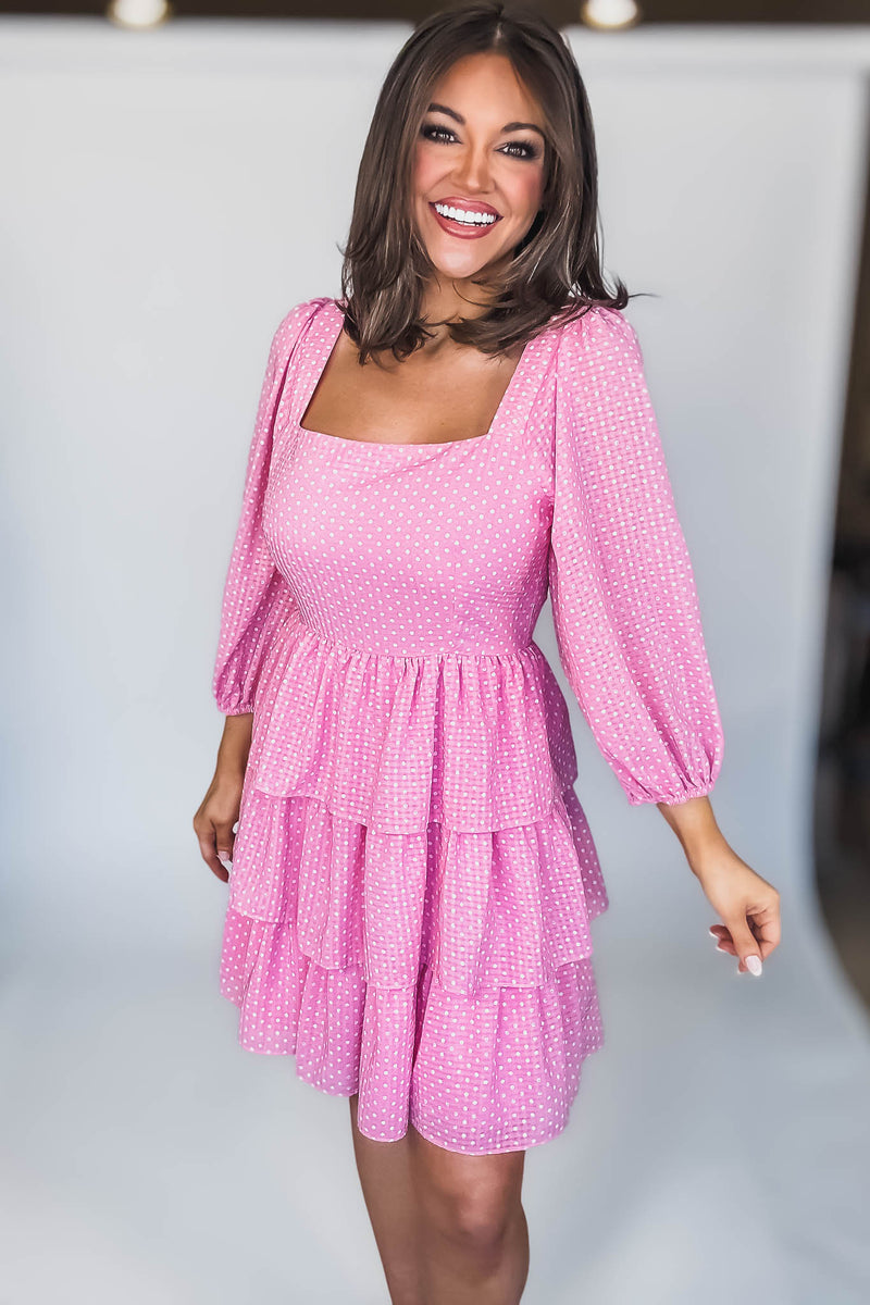 SQUARE NECK POLKA DOTS TIERED RUFFLE MINI DRESS