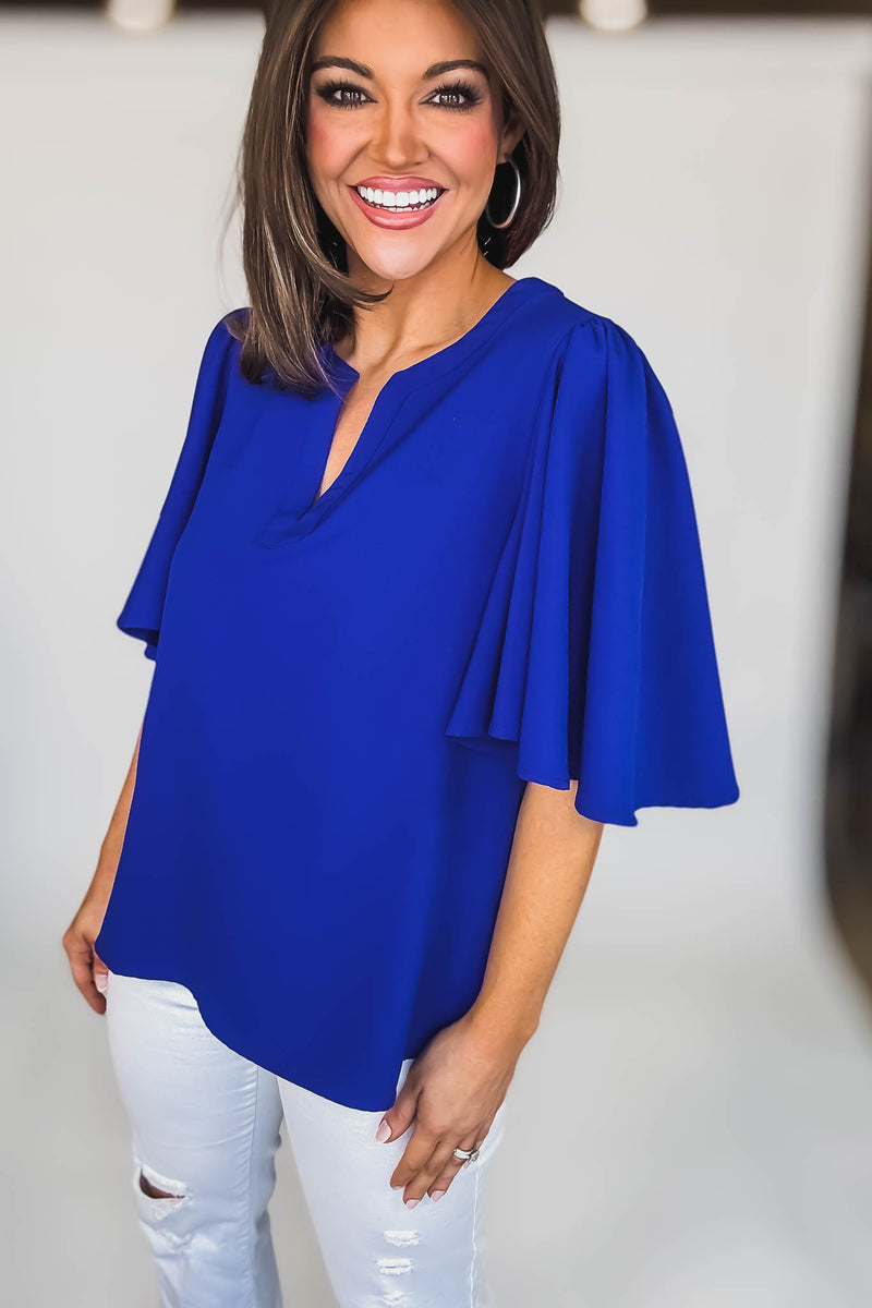 SHORT SLEEVES ROYAL  V-NECK LOOSE FIT BLOUSE