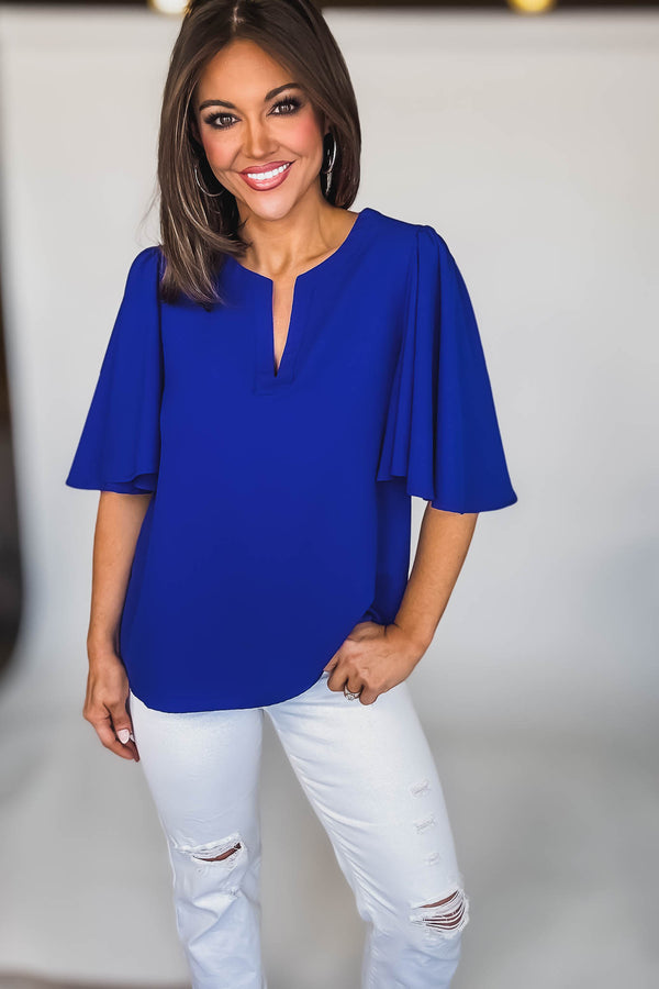 SHORT SLEEVES ROYAL  V-NECK LOOSE FIT BLOUSE
