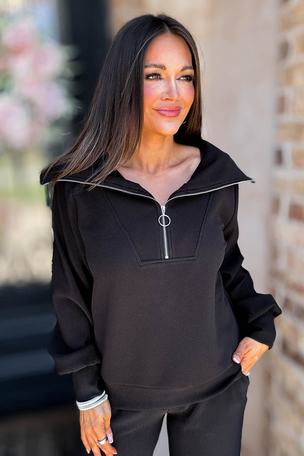 Accolade Black Ribbed High Neck Half Zip Pullover