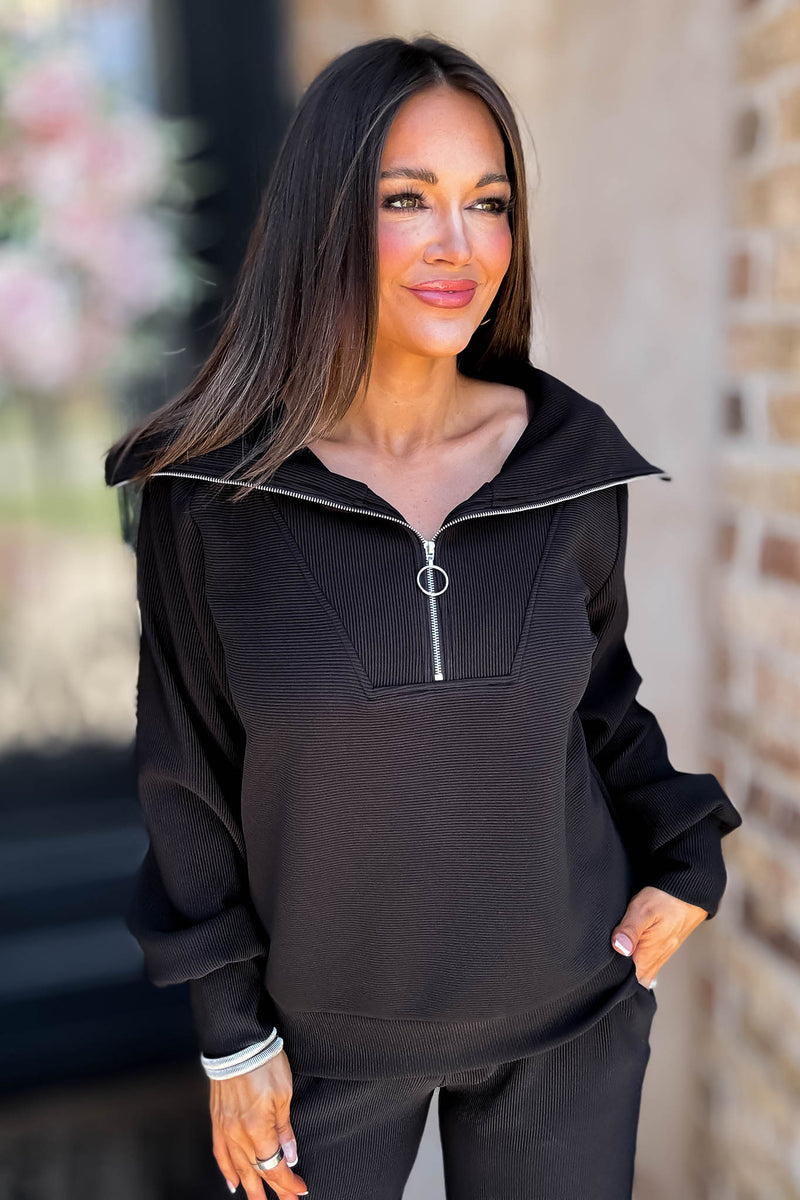 Accolade Black Ribbed High Neck Half Zip Pullover