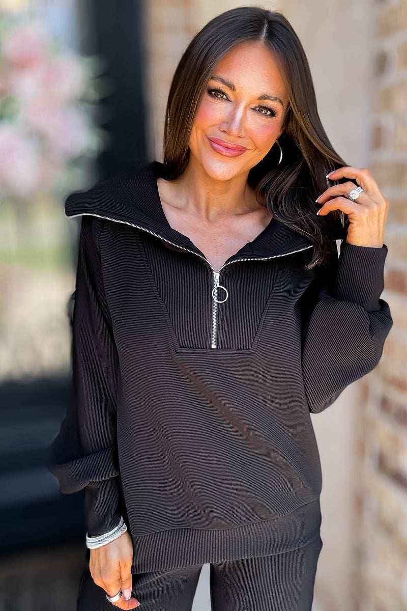 Accolade Black Ribbed High Neck Half Zip Pullover