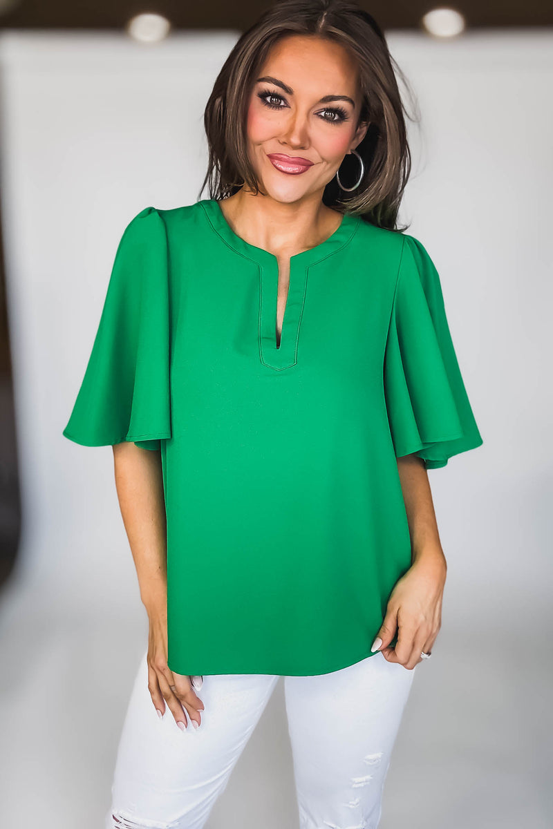 SHORT SLEEVES EMERALD V-NECK LOOSE FIT BLOUSE