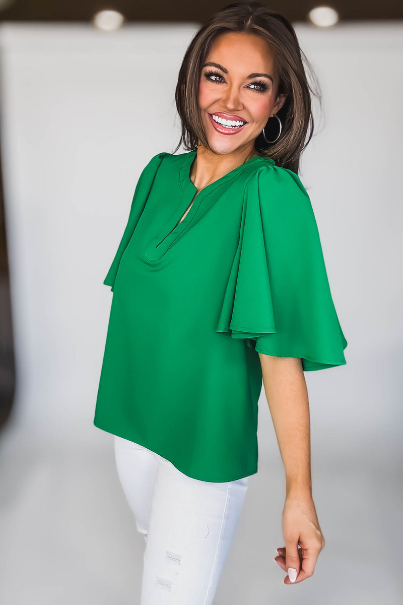SHORT SLEEVES EMERALD V-NECK LOOSE FIT BLOUSE