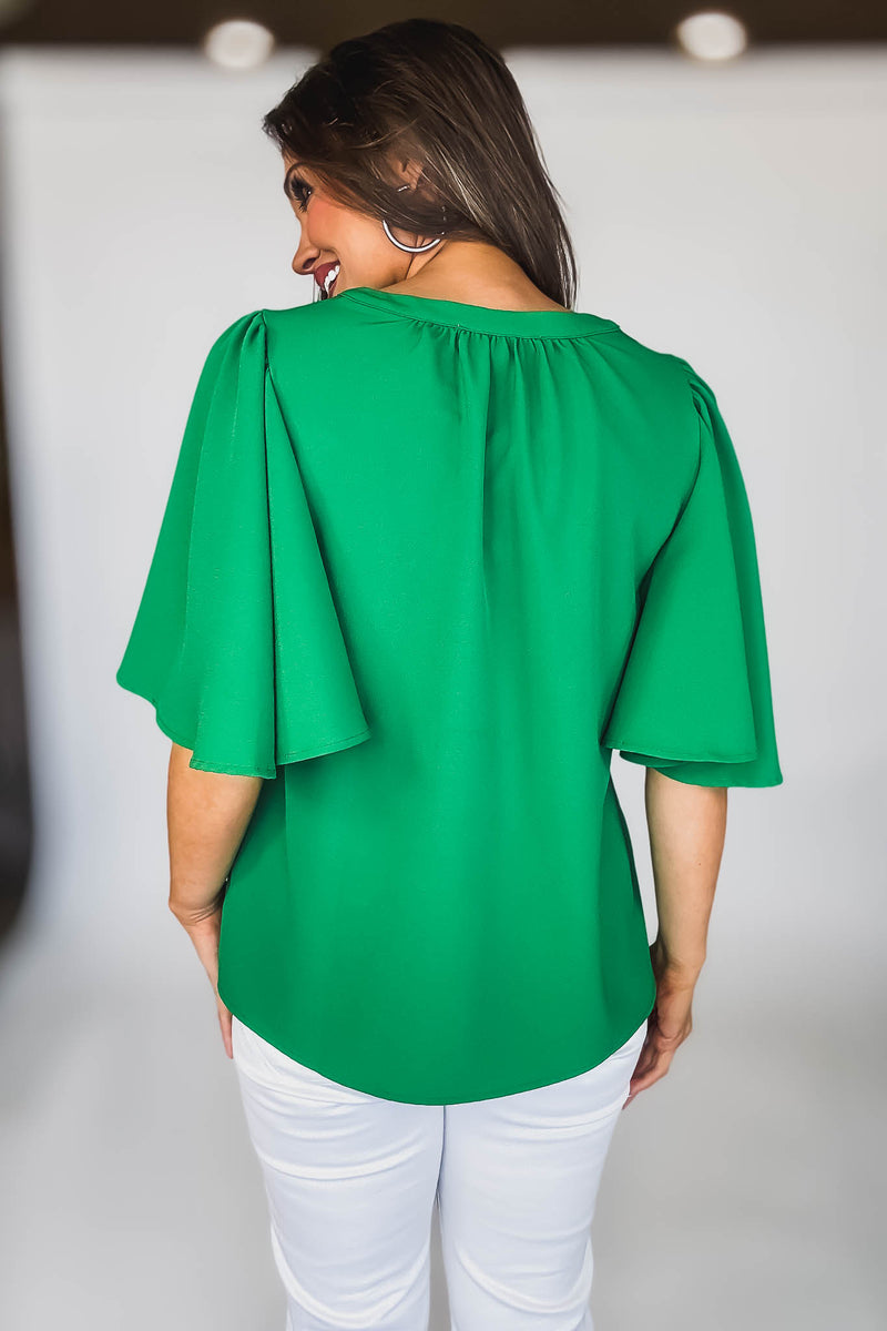 SHORT SLEEVES EMERALD V-NECK LOOSE FIT BLOUSE