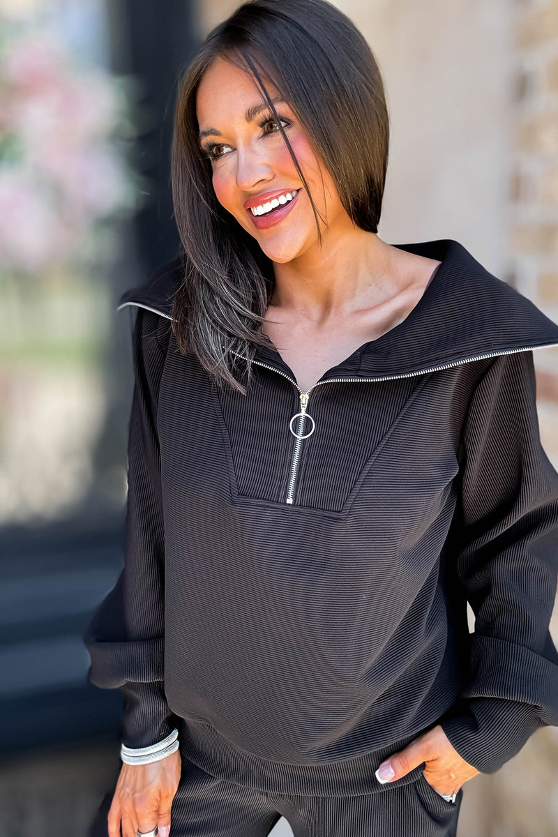 Accolade Black Ribbed High Neck Half Zip Pullover