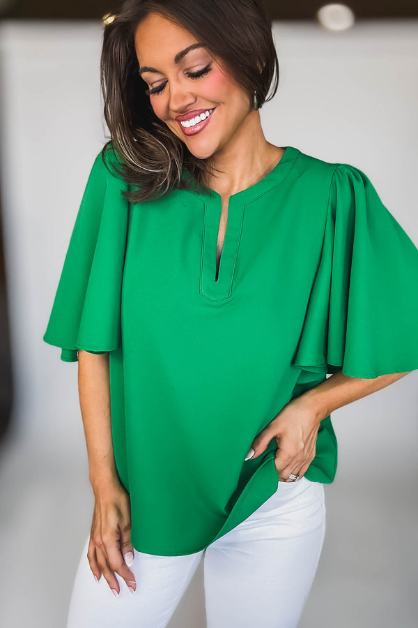 SHORT SLEEVES EMERALD V-NECK LOOSE FIT BLOUSE