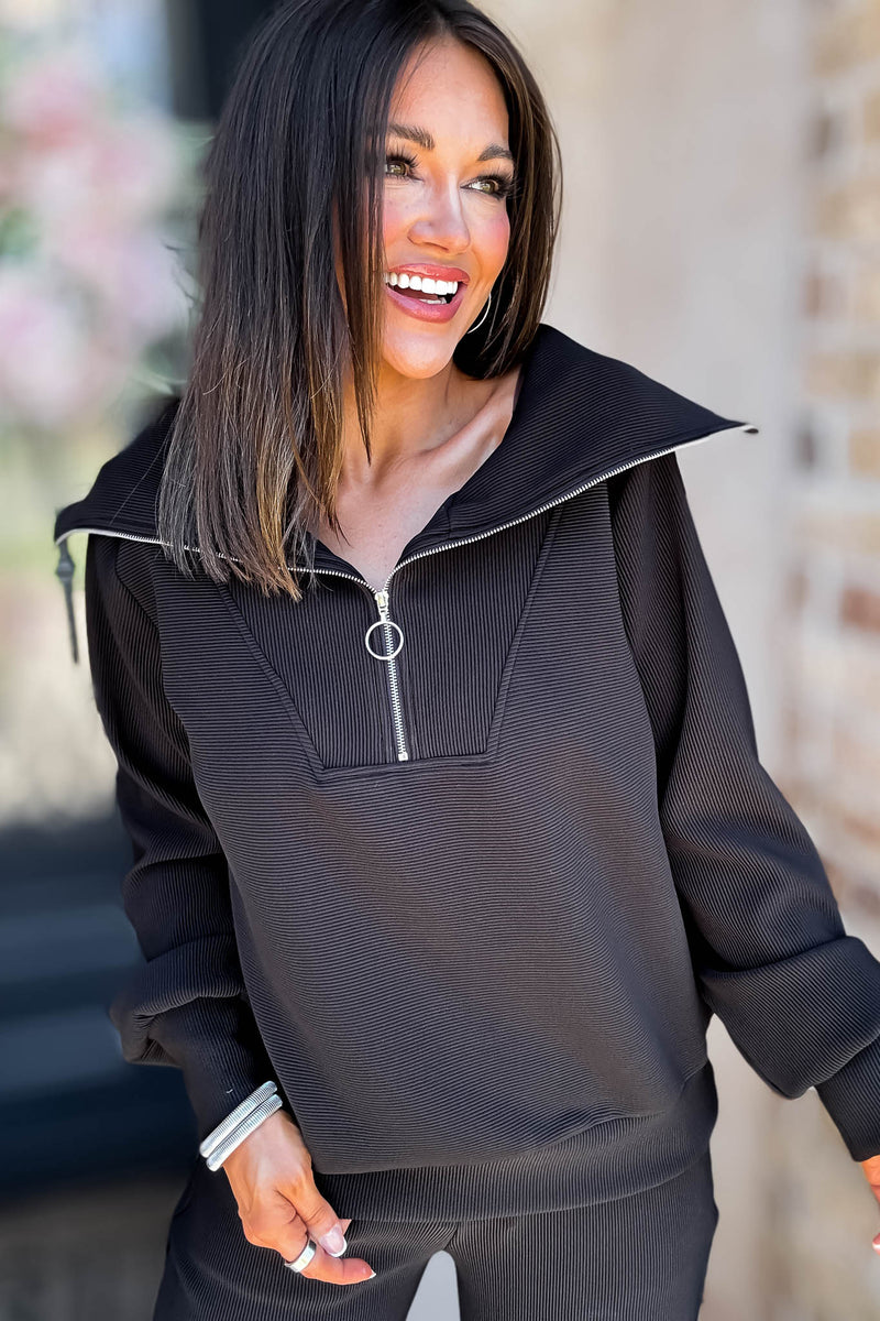 Accolade Black Ribbed High Neck Half Zip Pullover