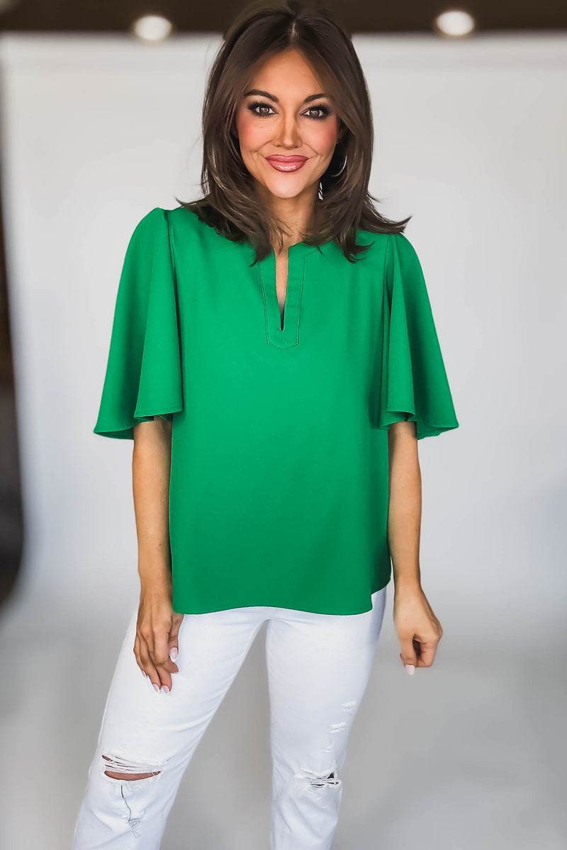 SHORT SLEEVES EMERALD V-NECK LOOSE FIT BLOUSE