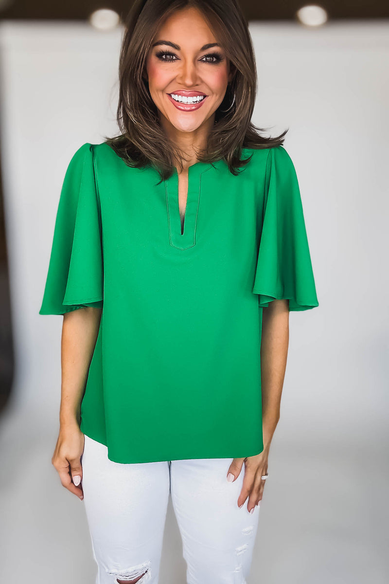 SHORT SLEEVES EMERALD V-NECK LOOSE FIT BLOUSE