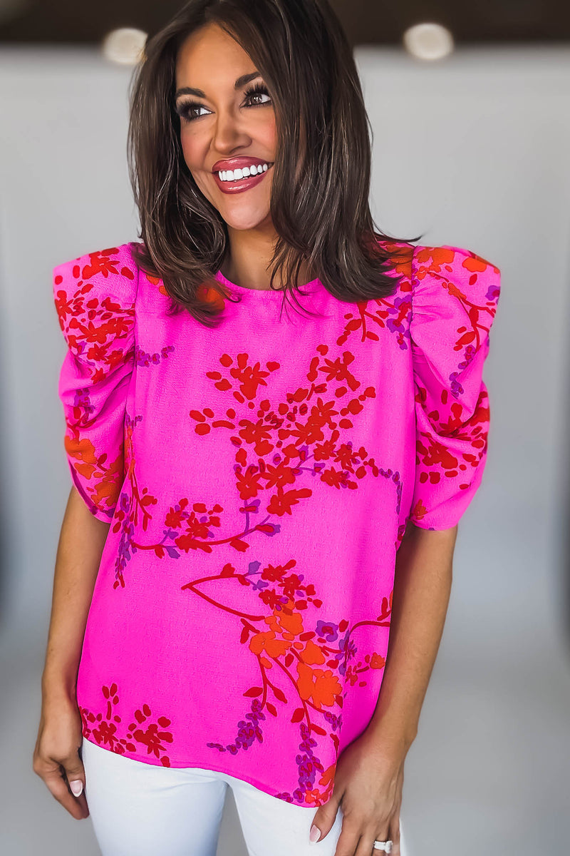 FUCHSIA ORANGE SHORT RUCHED SLEEVE FLORAL BLOUSE