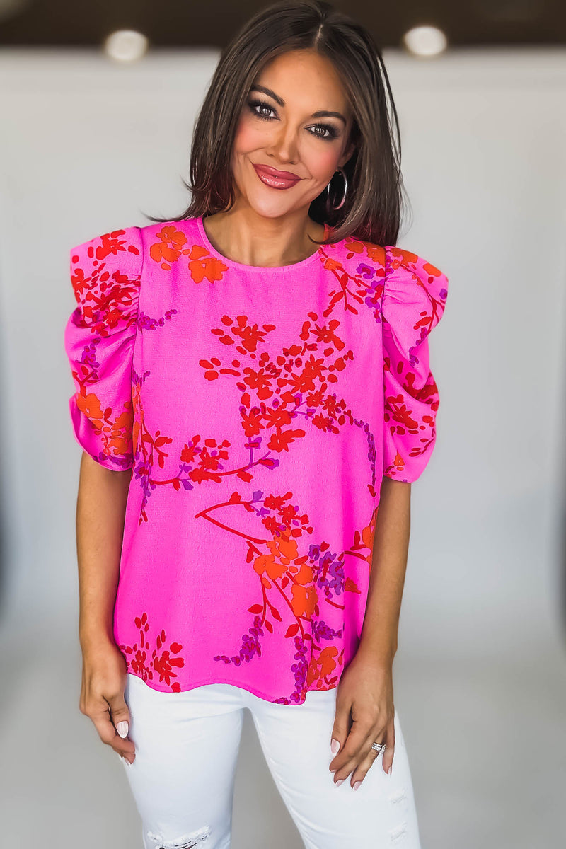 FUCHSIA ORANGE SHORT RUCHED SLEEVE FLORAL BLOUSE