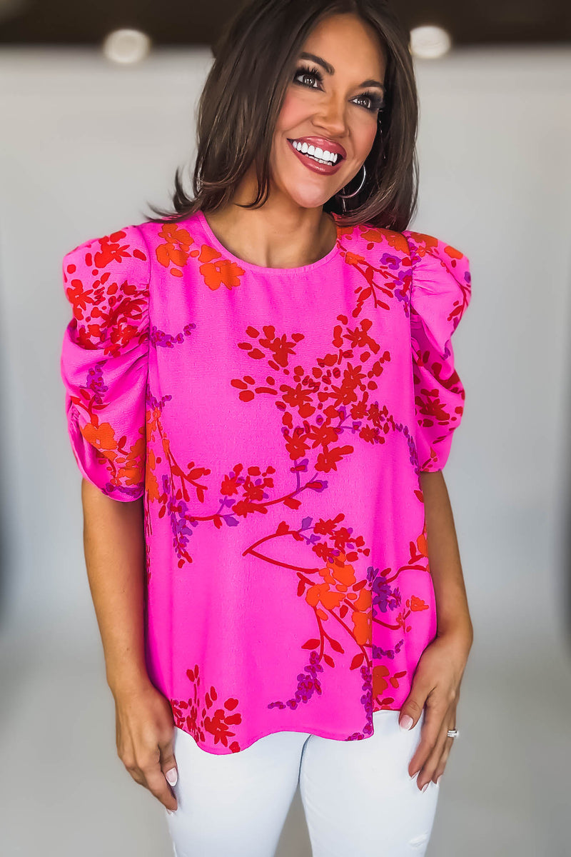FUCHSIA ORANGE SHORT RUCHED SLEEVE FLORAL BLOUSE