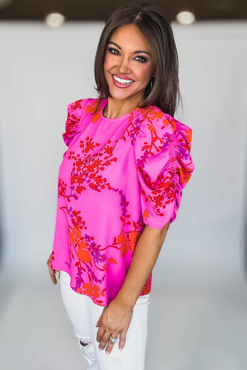 FUCHSIA ORANGE SHORT RUCHED SLEEVE FLORAL BLOUSE