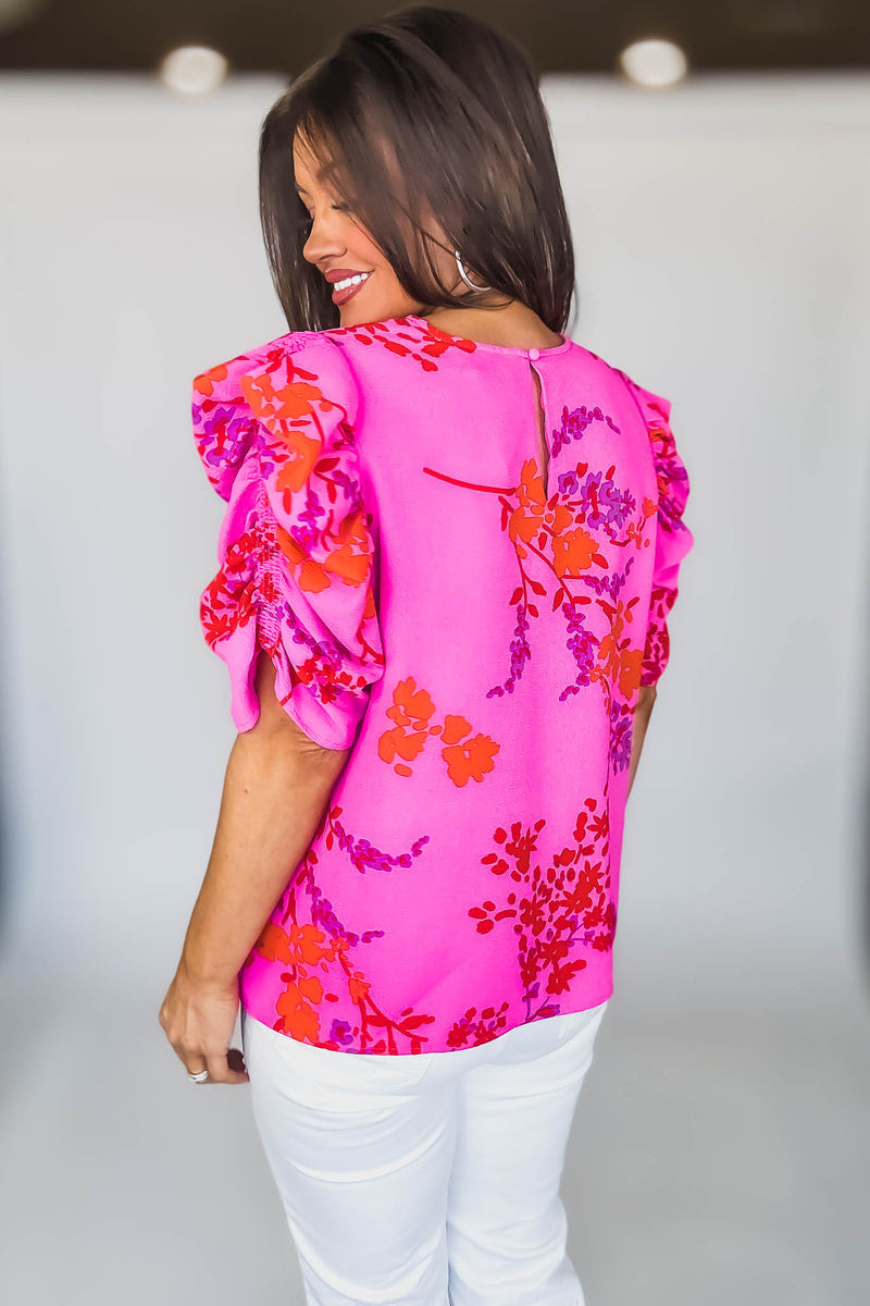 FUCHSIA ORANGE SHORT RUCHED SLEEVE FLORAL BLOUSE