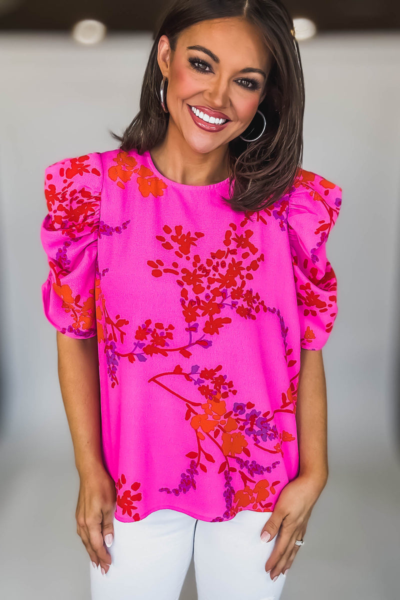 FUCHSIA ORANGE SHORT RUCHED SLEEVE FLORAL BLOUSE