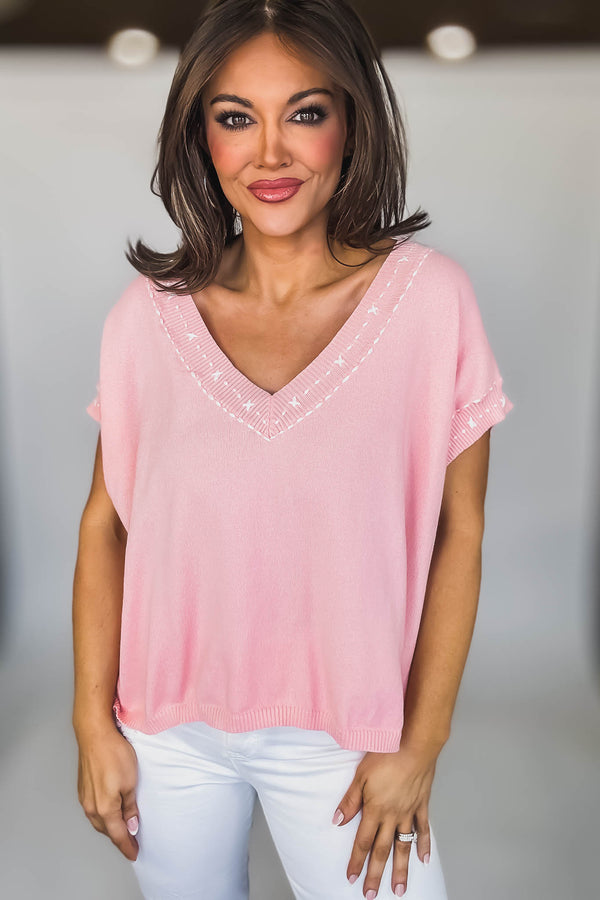 EMBROIDERED V NECK SHORT BATWING SLEEVE BLOUSE TOP