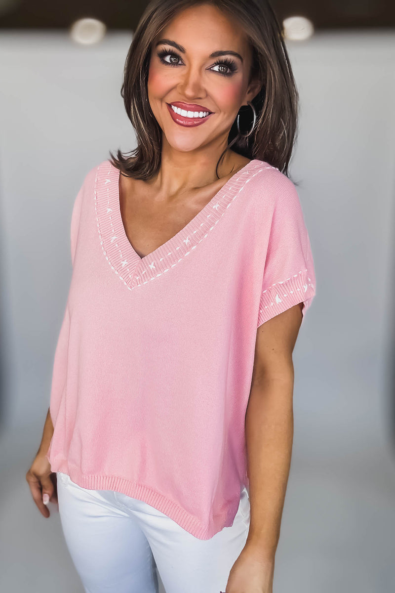 EMBROIDERED V NECK SHORT BATWING SLEEVE BLOUSE TOP