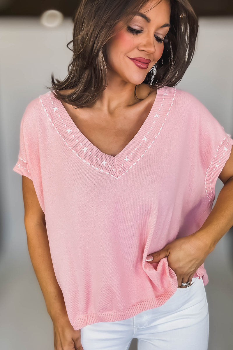 EMBROIDERED V NECK SHORT BATWING SLEEVE BLOUSE TOP
