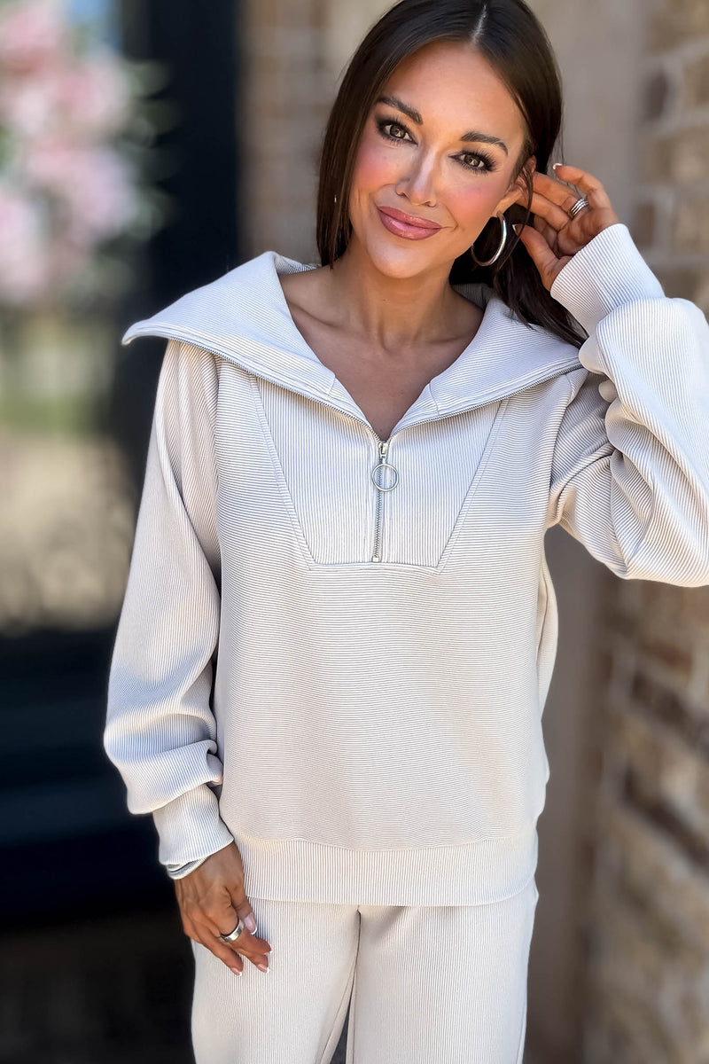 Accolade Sand Beige Ribbed High Neck Half Zip Pullover