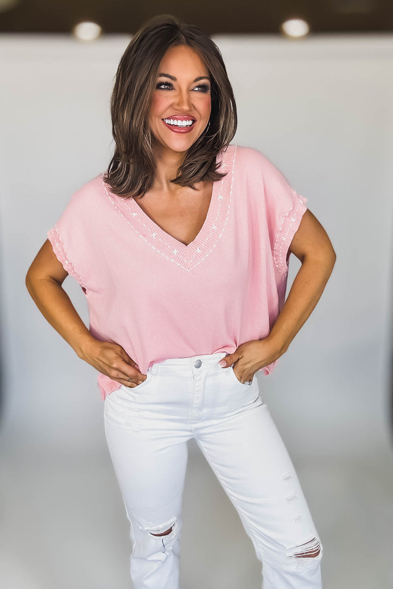EMBROIDERED V NECK SHORT BATWING SLEEVE BLOUSE TOP