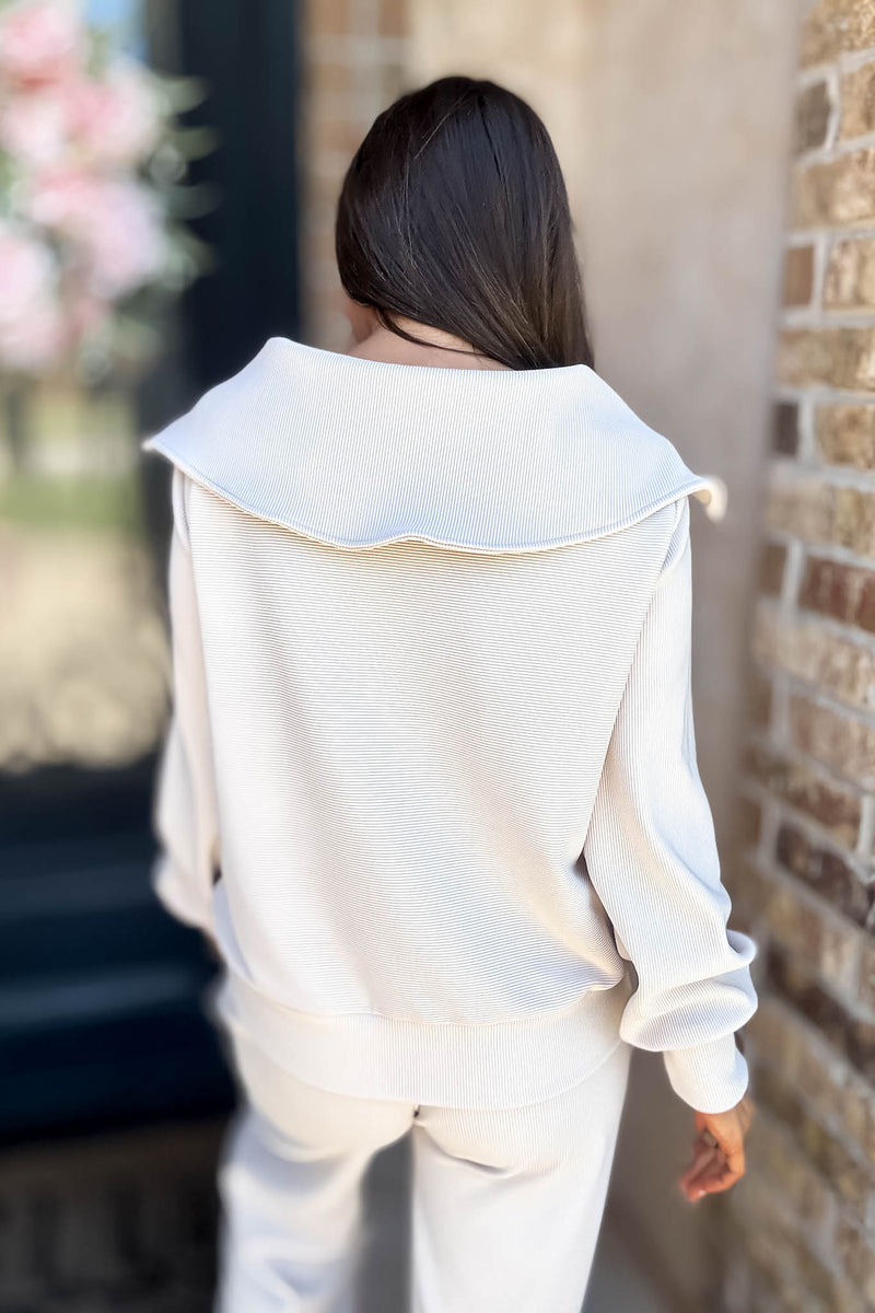 Accolade Sand Beige Ribbed High Neck Half Zip Pullover