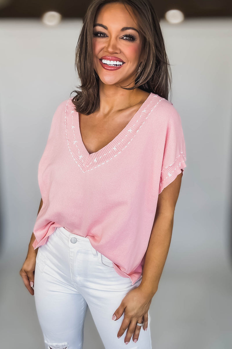 EMBROIDERED V NECK SHORT BATWING SLEEVE BLOUSE TOP