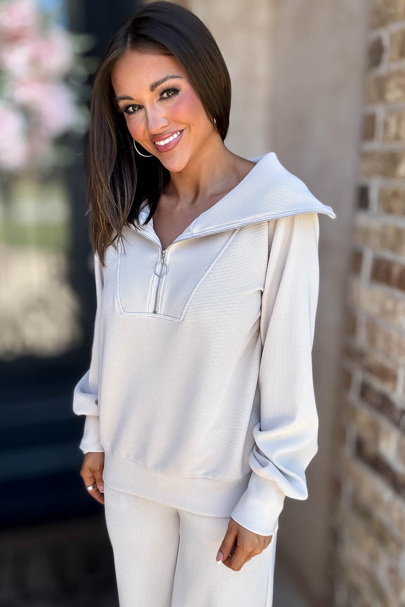 Accolade Sand Beige Ribbed High Neck Half Zip Pullover