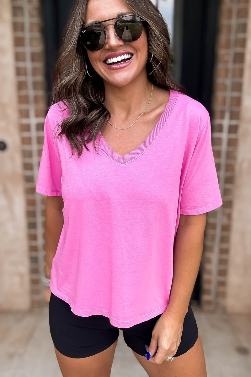Mono B Fuchsia Pima Cotton Blend V-Neck Tee