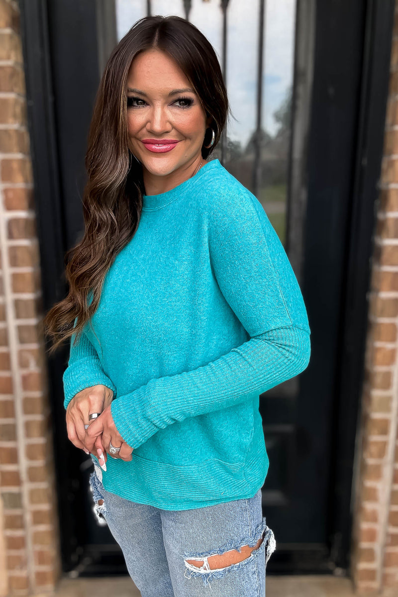 Campfire Brushed Light Teal Melange Hacci Dolman Sleeve Sweater