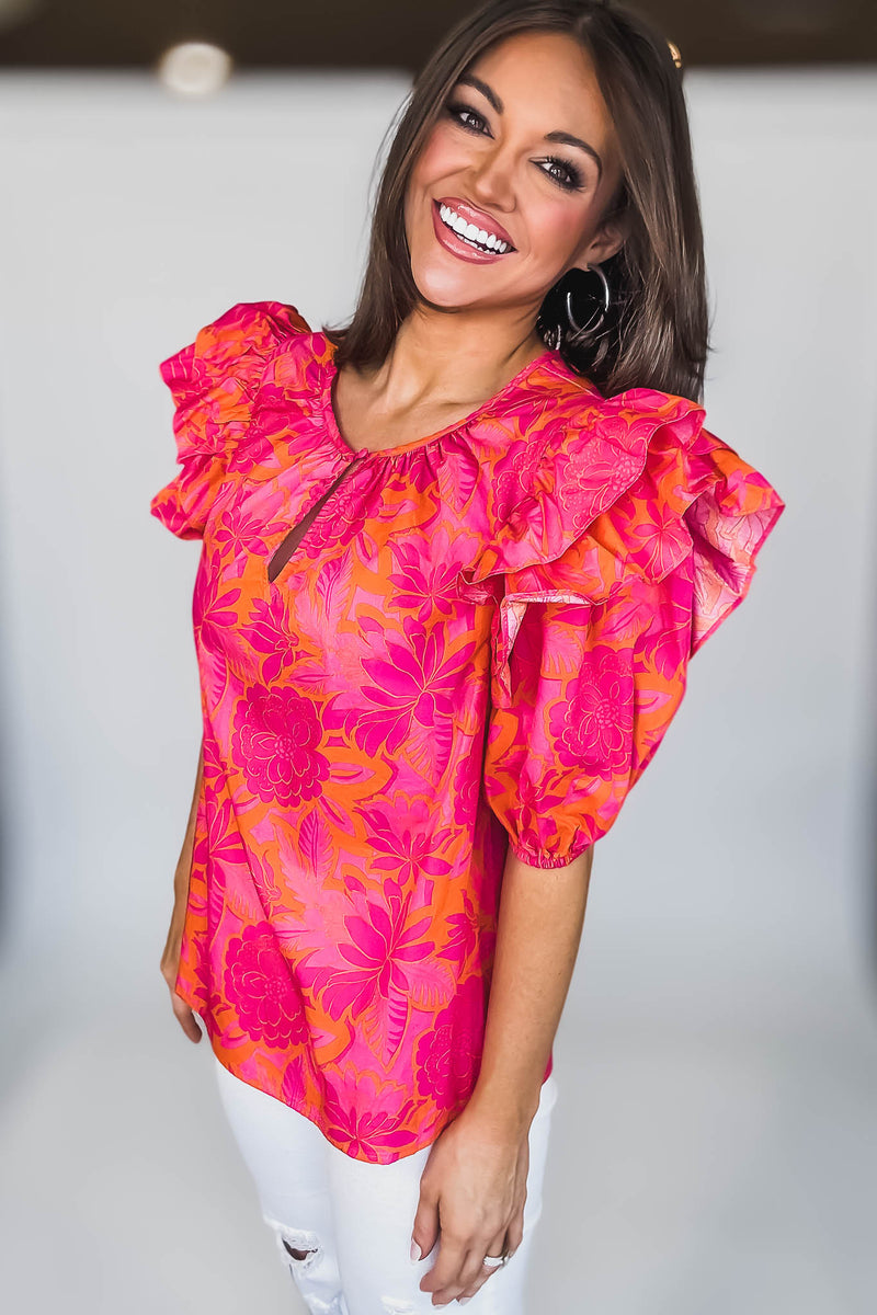 SHORT PUFF SLEEVE KEYHOLE FLORAL BLOUSE