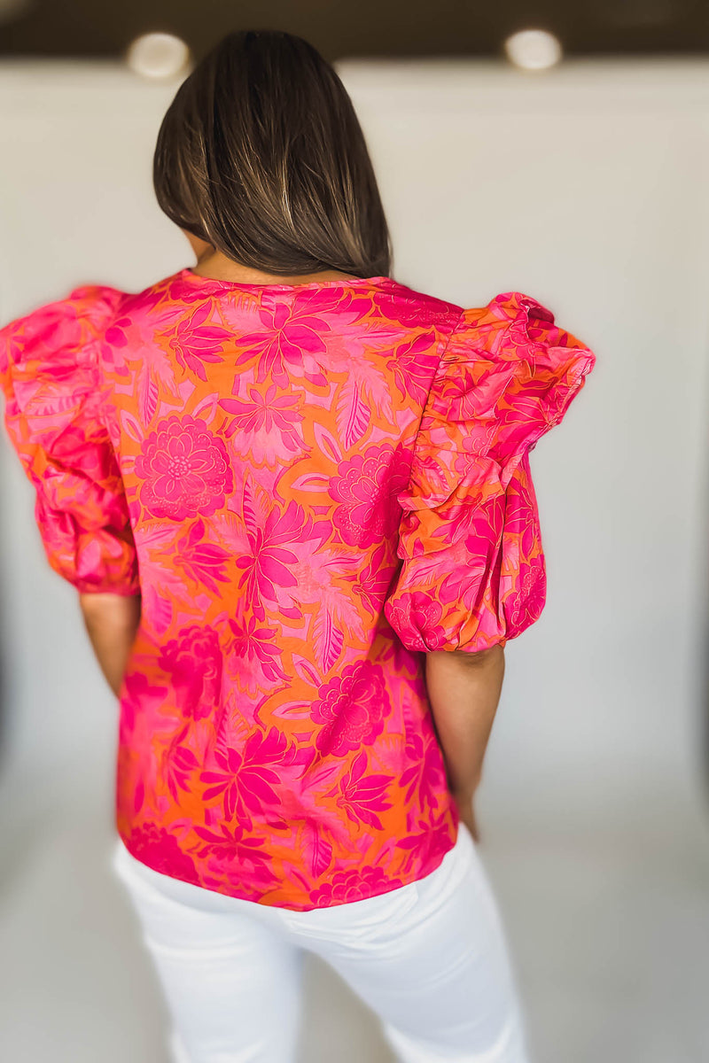 SHORT PUFF SLEEVE KEYHOLE FLORAL BLOUSE