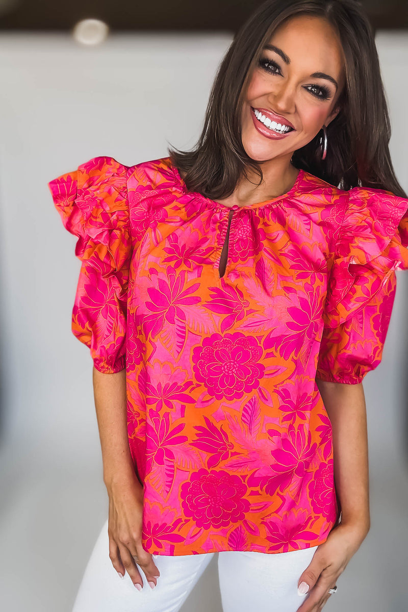 SHORT PUFF SLEEVE KEYHOLE FLORAL BLOUSE
