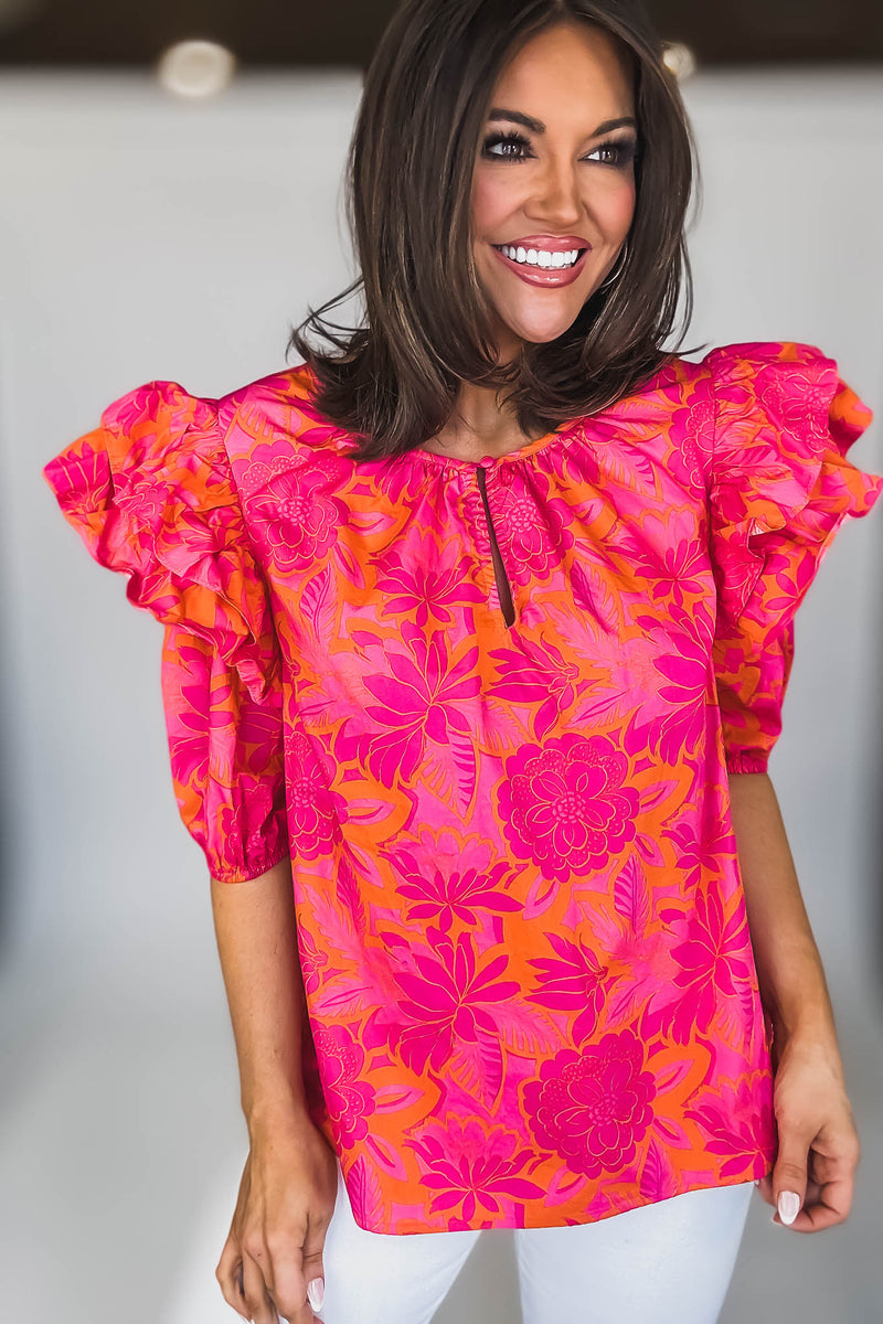 SHORT PUFF SLEEVE KEYHOLE FLORAL BLOUSE