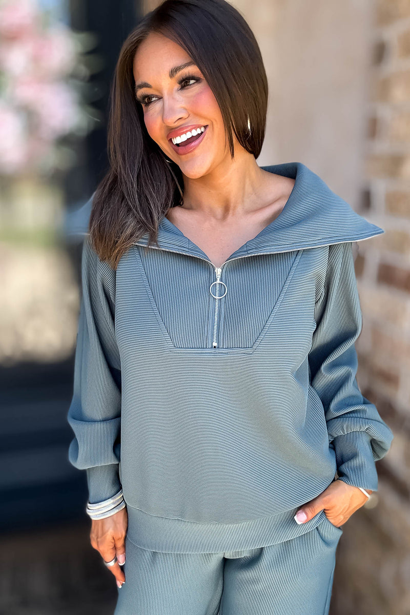 Accolade Ash Jade Ribbed High Neck Half Zip Pullover