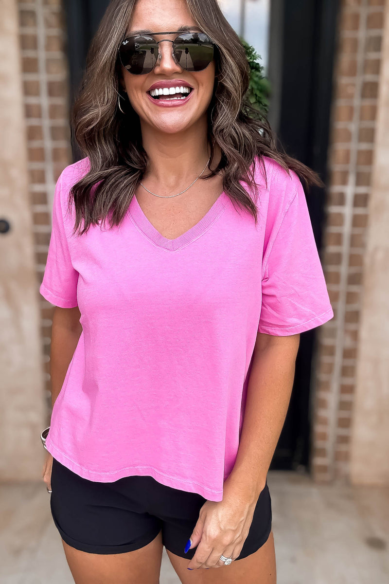 Mono B Fuchsia Pima Cotton Blend V-Neck Tee